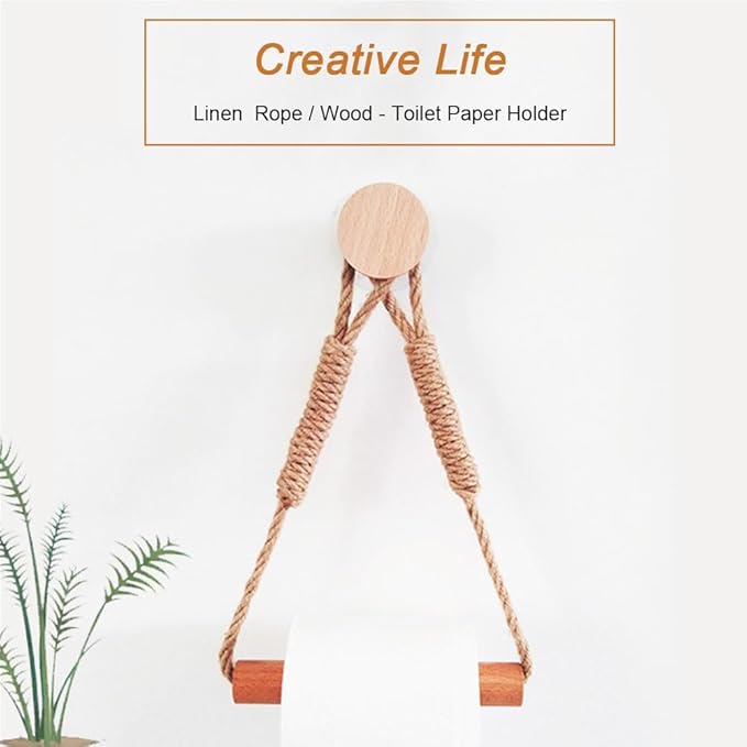 Wood & Rope Wall Toilet Paper Holder, Rustic Tissue Rolls Paper Holder Wall Mounted, Nautical Rattan Bathroom Accessories with Self-Adhesive Seamless Screw (Walnut-Colored)