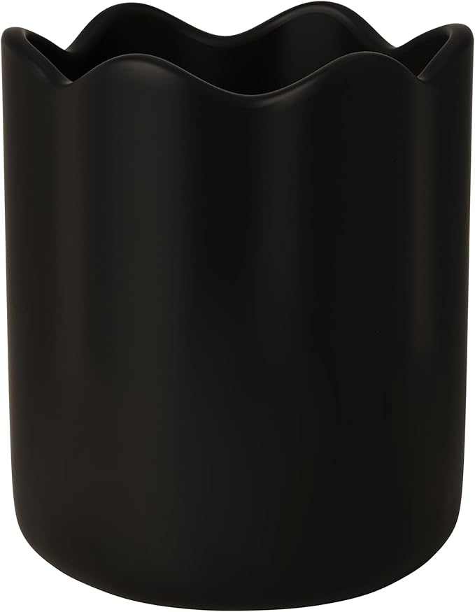 Ceramic Utensil Holder for Kitchen Counter, 6.2" Kitchen Utensil Holder with Cork Bottom for Countertop, Modern Scalloped Cooking Tool Organizer for Spatula, Matte Black
