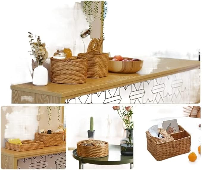 1 Pack Rattan Woven Manual Storage Ornaments, Coffee Table Storage Basket, Remote Control Mobile Phone Household Storage Ornaments