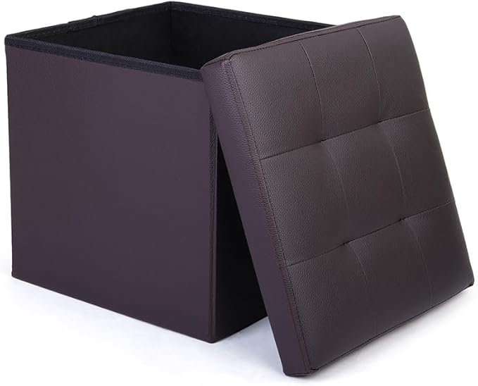 LotFancy Storage Ottoman Cube, Brown Foot Stool Ottoman,13x12x12 inch Square Ottoman with Lid, Faux Leather Seat for Dorm