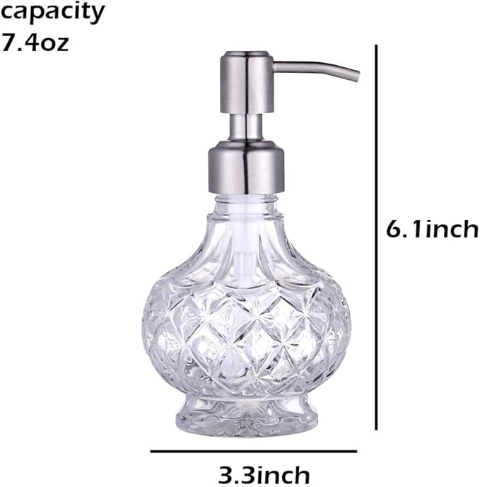 YunNasi Soap Dispenser with Stainless Steel Pump, Clear Crystal Design, Vintage and Elegant, Refillable Liquid Hand Soap Dish Soap Dispensers for Bathroom Counter, Kitchen Sink (Style 1)