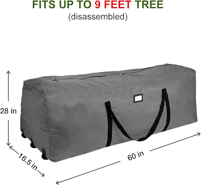 ProPik Christmas Rolling Tree Storage Bag 9 Ft. | Extra Large Heavy Duty Holiday Storage Container | 28" x16.5"x 60" | 3 Wheels & Handles Fits Up to 9 Foot Tall Disassembled Trees 600D Oxford (Gray)