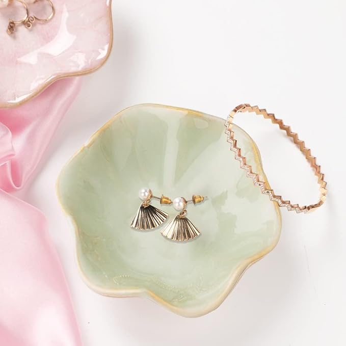 Binoster 2 Pcs Ceramic Jewelry Dish, Jewelry Tray Key Tray,Small Ring Dish Holder Jewelry Plate Trinket Dish Catchall Tray Nightstand Decor For Table Room Decor SM (4.3 In, White,Green)