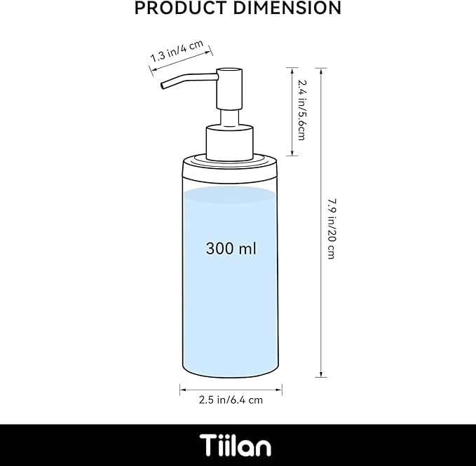 Countertop Hand Soap Dispenser, Refillable Stainless Steel Soap Pump Bottle for Bathroom & Kitchen, Free Standing - 300ml, Black