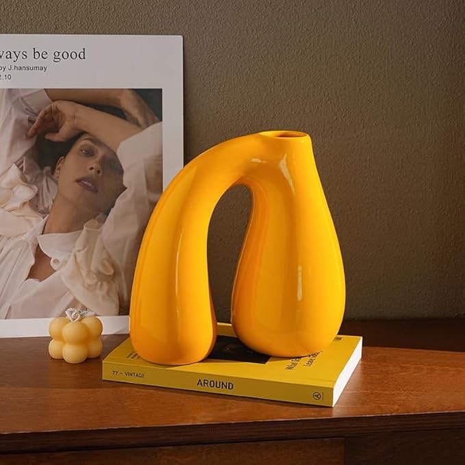 PROBENEX Yellow Ceramic Decorative Pitcher Vase, 7.5 in – Glossy Sculptural Arch-Handle, Modern Home Décor Accent for Fresh or Dried Floral Arrangements, Table/Shelf/Entryway, Giftable