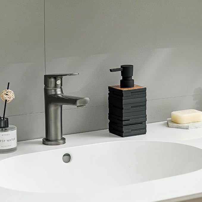 YAUKPH Matte Black Teak Wood Hand Soap Dispenser 10 oz Square for Bathroom and Kitchen Countertops