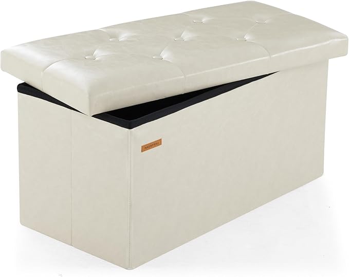 HAUSFRAU - Storage Ottoman Bench, 30 Inches Button Tufted Upholstered Ottoman Footstool with Storage for Living Room Bedroom Entryway, Load 660 lb, Synthetic Leather, Ivory