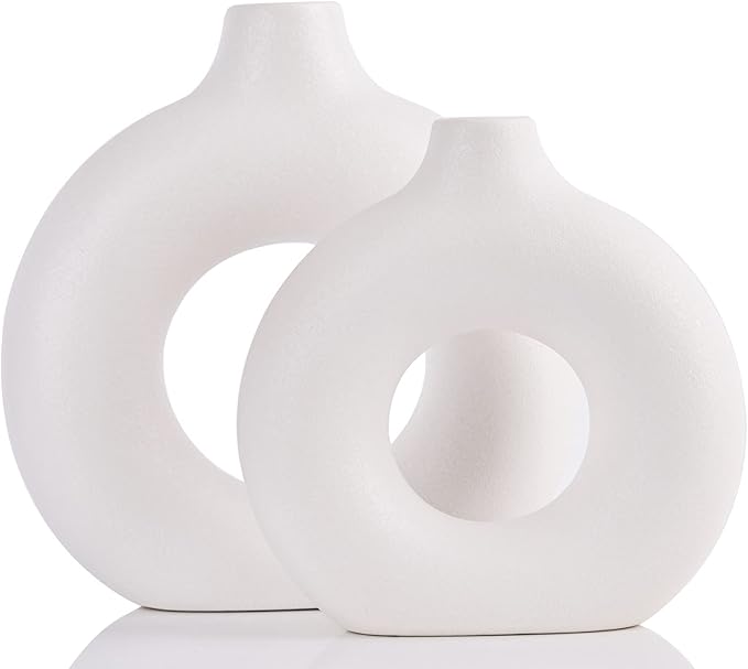 White Ceramics Vase for Home Decor,Minimalist Nordic Hollow Donut Vase Set of 2,Modern Boho Decor for Kitchen Table Centerpiece,Living Room,Fire Place,Bookshelf,Office,Entryway,Console