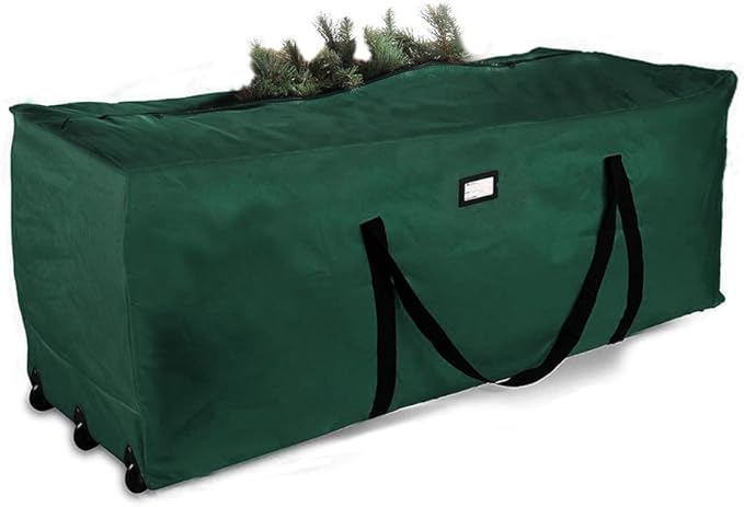 ProPik Rolling Christmas Tree Storage Bag, Fits Up to 9 Ft Tall Disassembled Trees, 28" H X 16.5" W X 60" L, Extra Large Heavy Duty Xmas Storage Container with Wheels & Handles, 600D Oxford (Green)