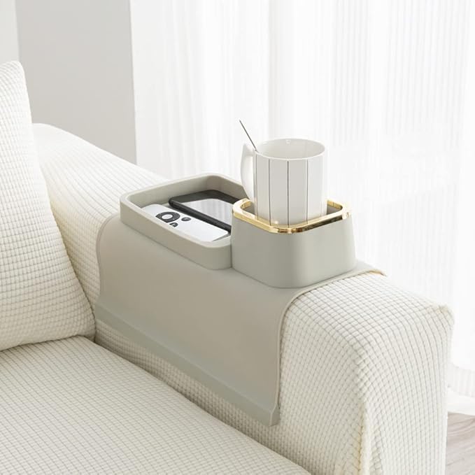 Couch Cup Holder Tray, Elimiko Silicone Anti-Spill and Anti-Slip Couch Drink Holder, Strong and Weighted Phone/Remote/Snacks Sofa Cup Holder (Griege)