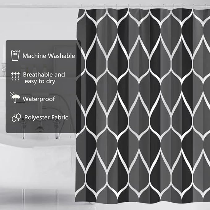 LLSCL Fabric Shower Curtain Liner with Magnets, Black Grid Waterproof Hotel Quality, 72 x 72 Machine Washable