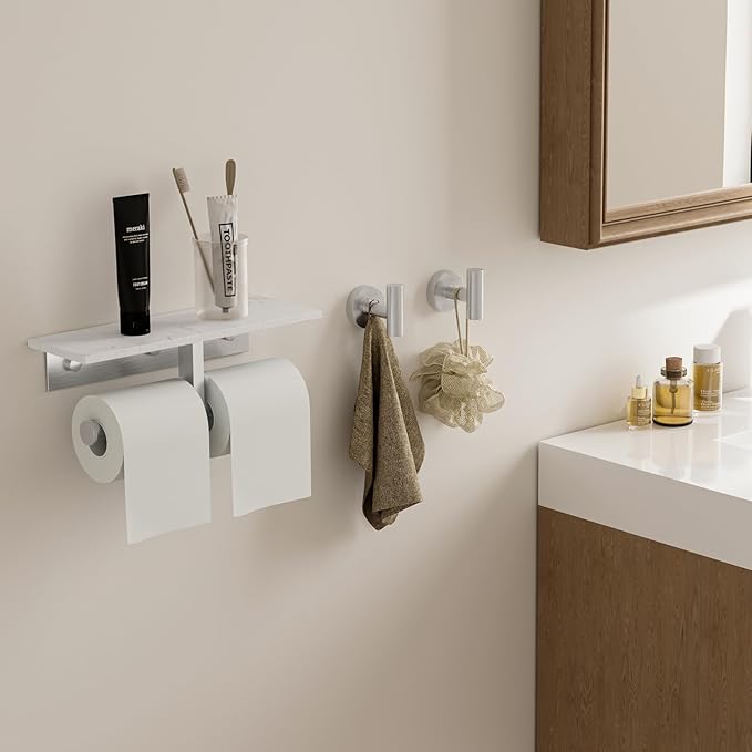 BWE Double Toilet Paper Holder with Shelf, Wall Mounted Tissue Roll Holder for Bathroom, Commercial Toilet Paper Dispenser, Marble Toilet Paper Storage Holder with Phone Shelf (Brushed Nickel)