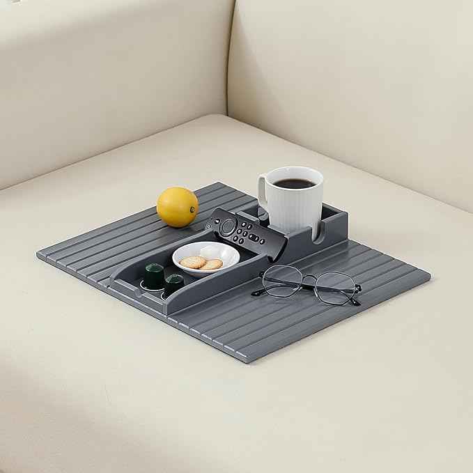 Bamboo Couch Cup Holder Arm Tray,Foldable Couch Drink Holder Armrest Table,Sofa Arm Rest Tray,Flexible Arm Chair Table Recliners for Drink,Cups, Snacks, Phone, Remote (Grey)