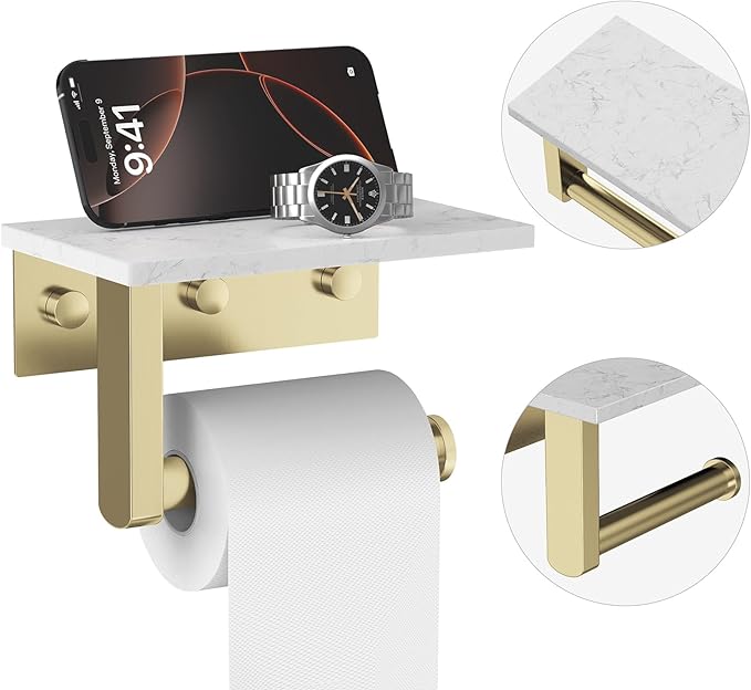 Brushed Gold Toilet Paper Holder with Marble Shelf, 304 Stainless Steel Tissue Hand Holder Wall Mounted Toilet Paper Roll Hold with Phone Shelf for Bathroom Kitchen Washroom Bedroom