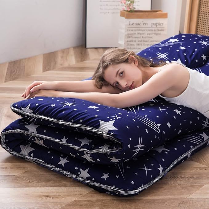 MAXYOYO Navy Starry Sky Japanese Floor Futon Mattress, Tatami Mat Portable Camping Mattress Kids Sleeping Pad Foldable Roll Up Floor Lounger Couch, King Size