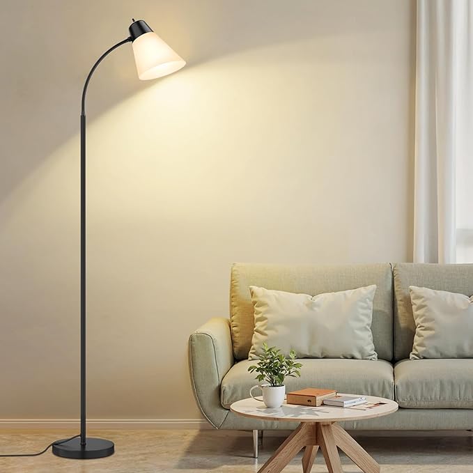 Coucrek Floor Lamp for Living Room, Adjustable Head Standing Lamp with White Plastic Shade, Black Reading Floor Lamps for Dorm, Bulb not Included