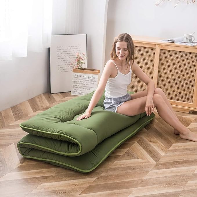 MAXYOYO Japanese Futon Mattress Twin Size Floor Mattress, Thicken Tatami Mat Sleeping Pad Roll Up Mattress Floor Folding Couch Mattress Pad for Guest Room, Green, Twin