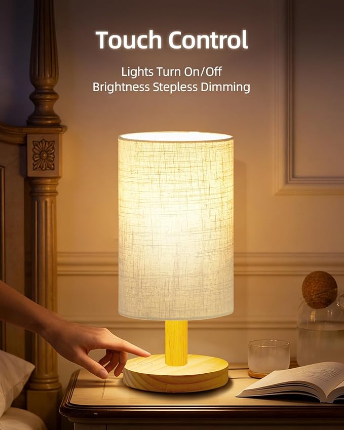Small Touch Table Lamp for Bedroom, Portable LED Desk Lamps, 3 Color Stepless Dimming Up, Wood Base Round Flaxen Fabric Shade for Kids Room, Living Room, College Dorm, Home, Office