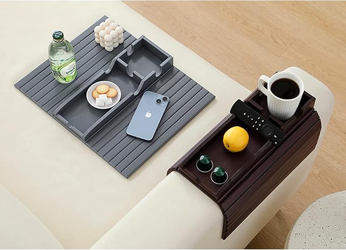 Bamboo Couch Cup Holder Arm Tray Table,Foldable Couch Drink Holder Armrest Table,Sofa Arm Rest Tray,Flexible Arm Chair Table Recliners for Drink,Cups, Snacks, Phone, Remote (Mahogany)