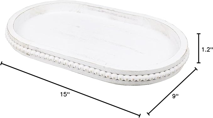 Hrastany Oval Wood Serving Tray with Wooden Beads, Outdoor Farmhouse Decorative Tray for Ottoman, Coffee Table, Kitchen Counter Organizer, Home Decor(Whitewashed)