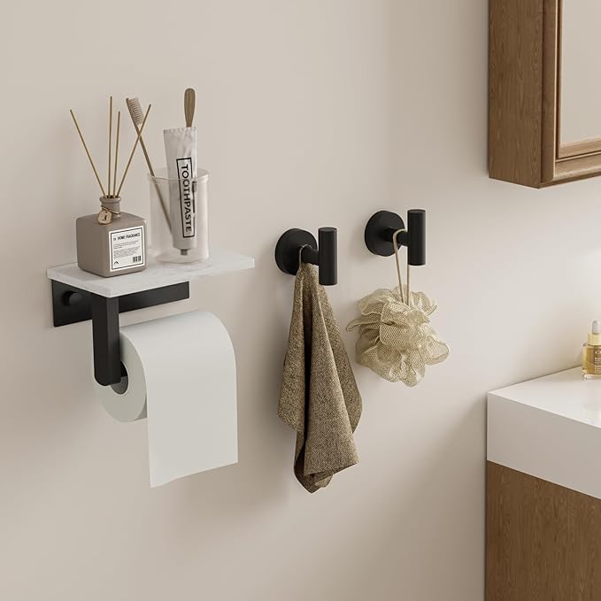 BWE Matte Black Toilet Paper Holder with Marble Shelf, Toilet Paper Roll Holder Wall Mounted, Toilet Paper Roll Holder with Phone Shelf 304 Stainless Steel Tissue Holder for Bathroom Washroom
