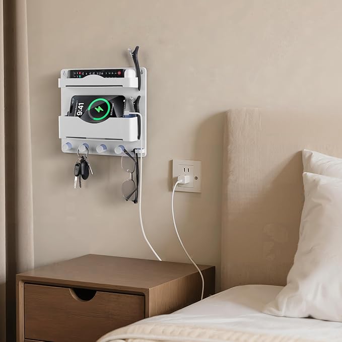 JUMEIHUI Bedside Wall Shelf with Glasses Hooks ,Adhesive Bedside Organizer Wall Mount for Dorm and Room Accessories Phone,Remote,Earphone, Kindle (White)