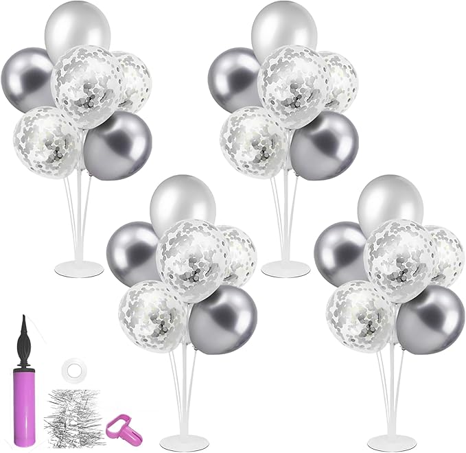 ZJDHPTY Silver Balloon Stand Centerpiece Table Decorations for 25th Wedding Anniversary Birthday Bridal Shower Father's Day Mother's Day Platinum Party Decorations(Silver gray set4)