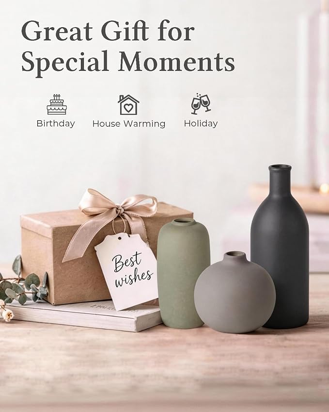 Ceramic Modern Vase Set of 3, Neutral Small Pottery Vases for Home Decor, Rustic Farmhouse Decor for Pampas Grass Dried Fresh Flowers, Decorative Vases for Living Room, Bathroom, Bookshelf, Entryway
