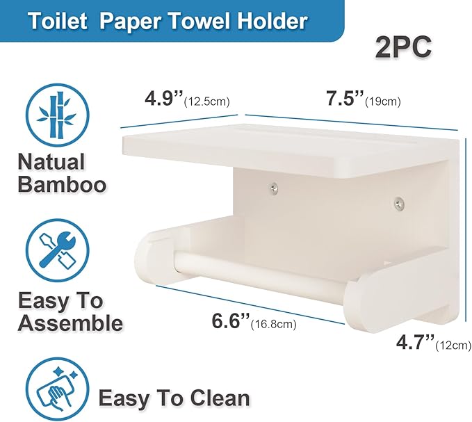 VERTORGAN 2 Pack Toilet Paper Holder with Phone Shelf,Bamboo Wall Mounted Tissue Roll Holder for Bathroom (White)