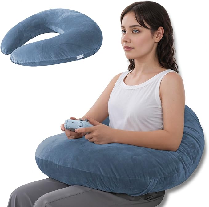 QUEEN ROSE Reading Pillow, Gaming Pillow for Lap, Sitting in Bed or Sofa, Extra Arm Rest for Reading, Playing or Crocheting, Soft Velvet Blue