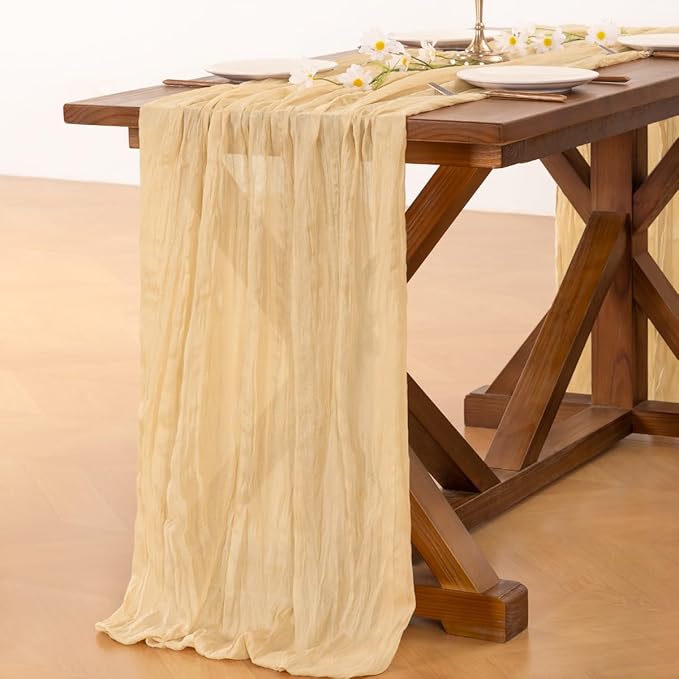 Socomi 2pcs Gold Champagne Cheesecloth Table Runner Easter Spring Boho Rustic Gauze 120 inch 10FT Cheese Cloth Runner for Wedding Party Baby Shower Birthday Home Decor Holiday Decorations