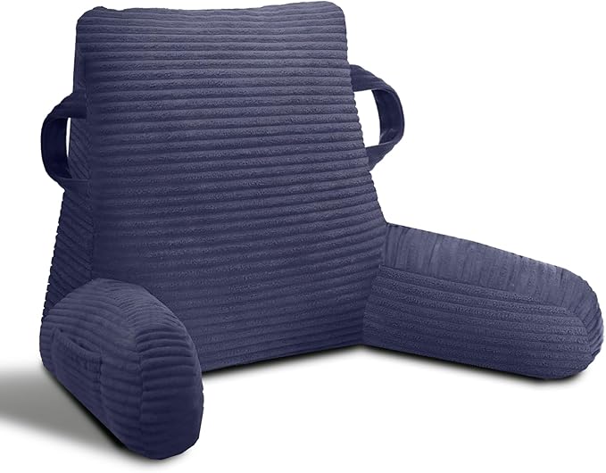 Reading Pillow for Sitting in Bed Adult, Bed Reading Pillow with Shredded Memory Foam, Back Pillow for Sitting with Arms and Pockets, Deepblue