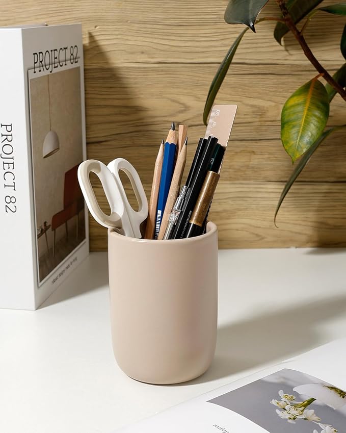 BosilunLife Ceramic Toothbrush Holder (Khaki, Cylinder)