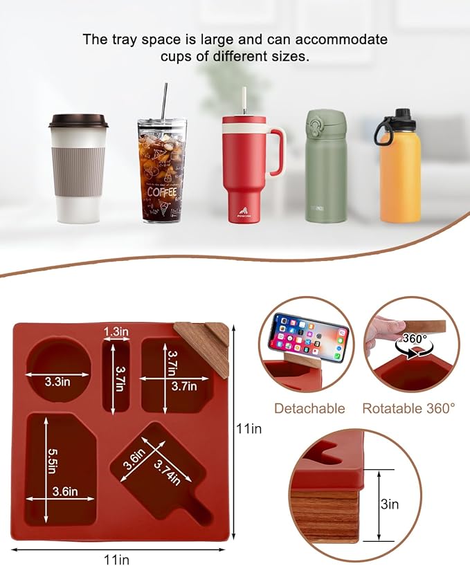 Couch Cup Holder Tray, Silicone Wooden Couch Caddy with Cup Holder for Snacks, Drinks, Remotes, Waterproof Cup Holder for Couch, Organizer, Couch Drink Holder, Easter Gifts (red)