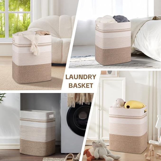 80L Large Cotton Rope Laundry Basket for Bedroom & Laundry Room, Tall Clothes Hamper with Sturdy Handles, Neutral Storage Bin Capable of Holding Blankets and Toys