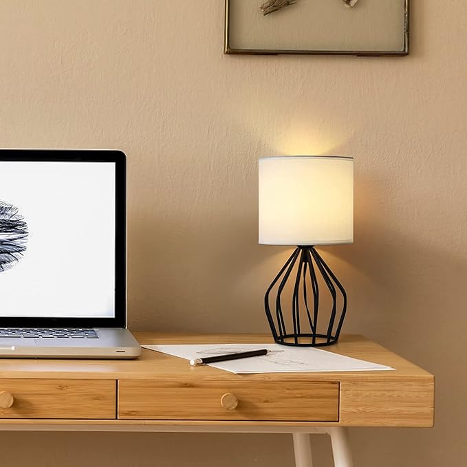 HAITRAL Modern Bedside Table Lamp - Minimalist Small Lamp with Hollowed Out Base Linen Fabric Shade,Metal Nightstand Lamp for Bedroom Living Room Side Table Desk Kids Room- Black/White