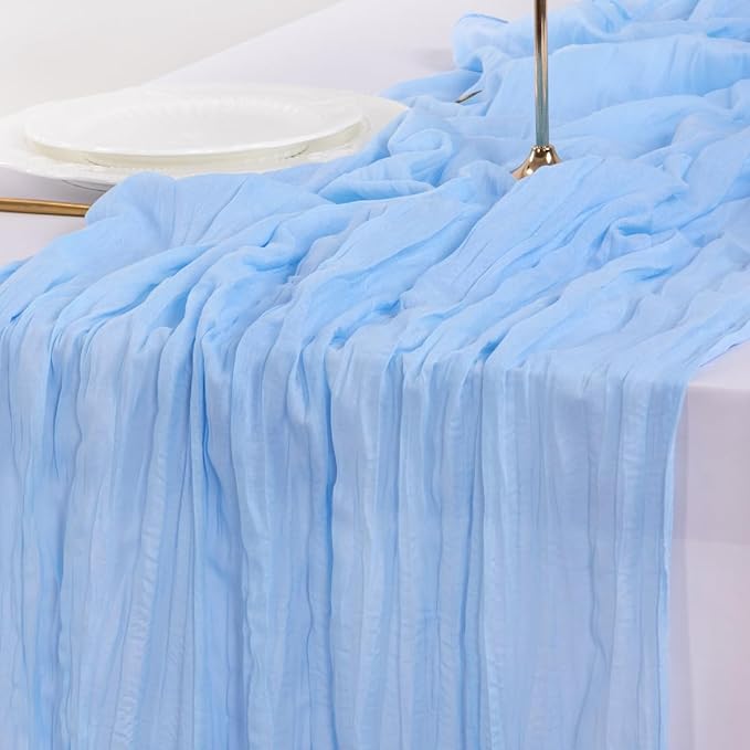 Socomi Blue Cheesecloth Table Runner Easter Spring Light Blue Boho Rustic Gauze 120 inch 10FT Cheese Cloth Runner for Wedding Party Baby Shower Birthday Home Decor Holiday Decorations