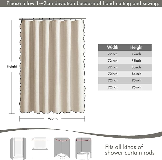 MIULEE 84" Long Scalloped Shower Curtain Linen Textured with 12 Metal Hooks Cute Extra Long Heavy Duty Washable Waterproof Cloth Shower Curtains with Black Border for Bathroom Bathtub,Cream Beige