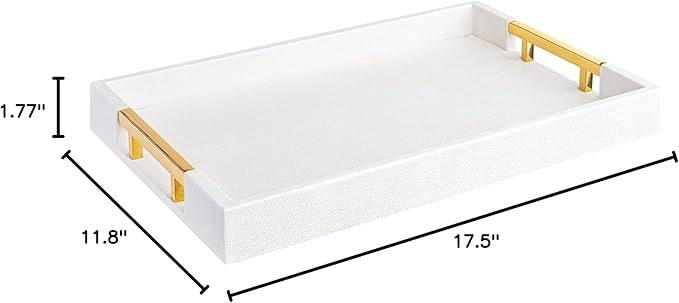 Home Redefined Modern Elegant 17.5"x12" Rectangle Glossy Faux Leather Shagreen White Decorative Serving Tray with Gold Polished Metal Handles for Ottoman Coffee Table Perfume