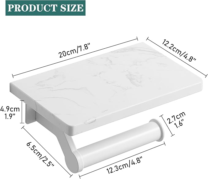 Hoimpro White Aluminum Toilet Paper Holder with White Natural Marble Shelf, Wall Mounted Tissue Hand Paper Roll Storage Holder for Bathroom Kitchen Washroom Bedroom