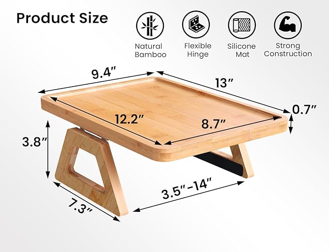 2 Pack Couch Arm Tray,Bamboo Folding Sofa Tray,Sofa Armrest Trays Clip-On Couch Desk for Drinks,Snacks,Phone,Remote Control(Natural)