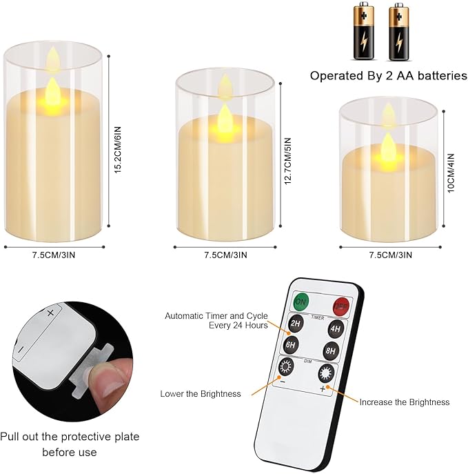 wemarry Flameless Candles 4" 5" 6" Acrylic Glass Pillars 3" Diameter Battery Operated Flickering Candles Include 8-Key Remote with Timer Function 400+ Hours (Pure White, Warm Light 9 Pack)
