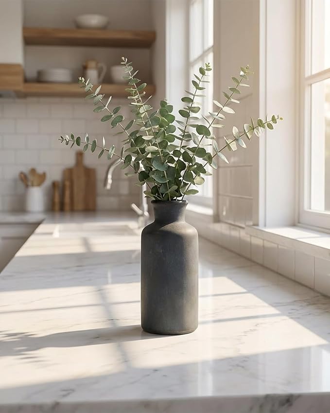 Black Ceramic Vases Set – Rustic Vintage Matte Decorative Flower Vases with Brushed Gold Effect for Home Decor, Living Room, Dining Table & Mantel Centerpieces