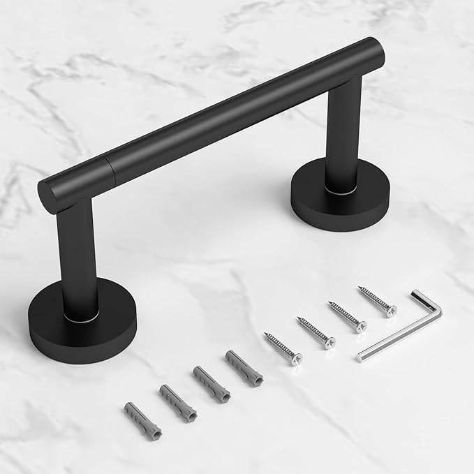 HITSLAM Toilet Paper Holder Wall Mount Matte Black, Double Post Pivoting Toilet Paper Roll Holder, SS304 Stainless Steel Bathroom Toilet Tissue Holder