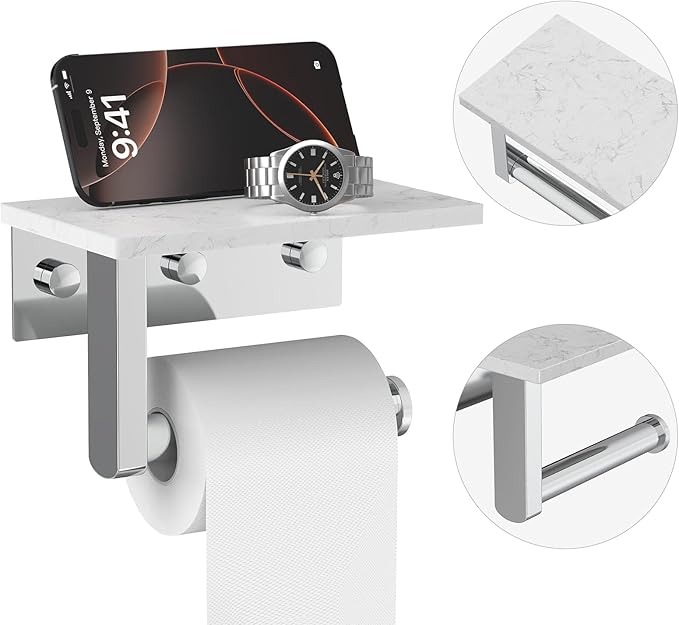 Toilet Paper Holder with Marble Shelf, 304 Stainless Steel Tissue Hand Holder Wall Mounted Toilet Paper Roll Hold with Phone Shelf for Bathroom Kitchen Washroom Bedroom, Chrome