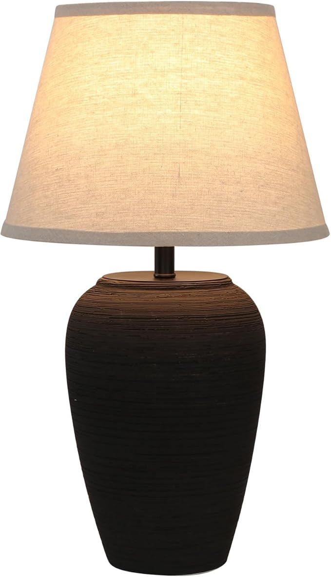 YEPDIN Ceramic Pot Table Lamp 21.25 inch Tall Striped Nightstand Lamp, Tapered Fabric Shade Bedside, Ceramic Decorative for Living Room Bedroom House Office Entryway, TL2