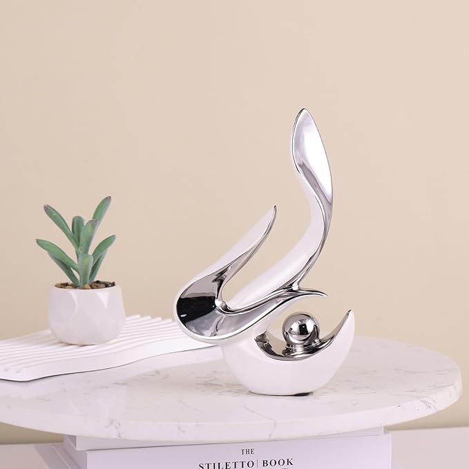 Silver Living Room Decor Table,Sculptures Home Decor,Modern Abstract Art,Dinner Table Centerpiece Decor,Ceramic Statue and Figurines Decorations Accent,Adorno Para Mesa Comedor(White Silver)
