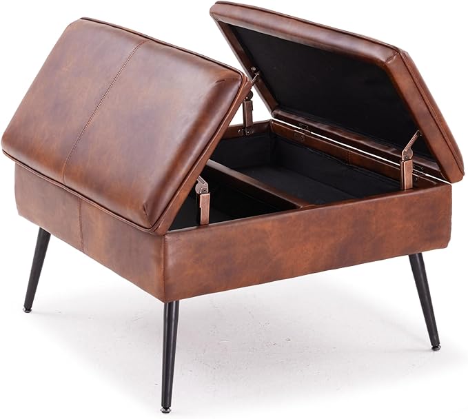 Square Ottoman with Storage, Large Oversized Ottoman Coffee Table, Double Flipping Lid & Mid-Century Modern & Faux Leather Style, Loads 660 lb, for Living Room, Bedroom, Entryway, Retro Brown