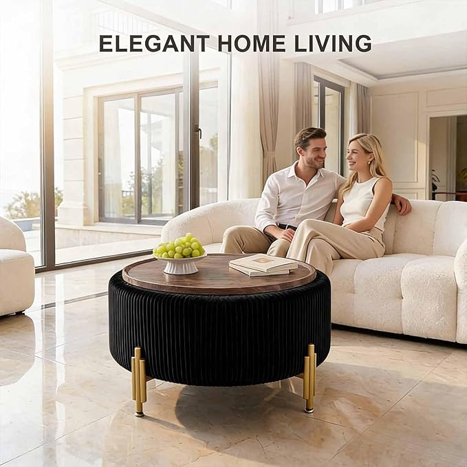 30'' Round Storage Ottoman Coffee Table, Modern Velvet Upholstered Ottoman with Lid and Metal Legs for Living Room, Bedroom (Black)