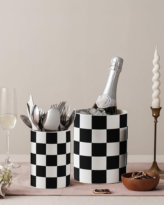 Checkered Kitchen Utensil Holder - 7.1"+5.8" Ceramic Utensil Crock for Countertop, Kitchen Decor and Accessories for counte (Black)